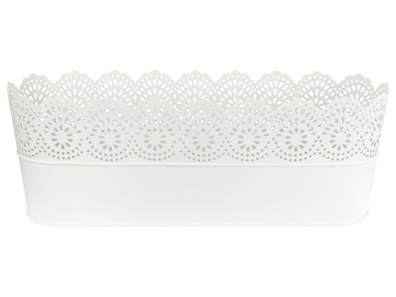 Weiße Blumentopf mit einer Spitze.