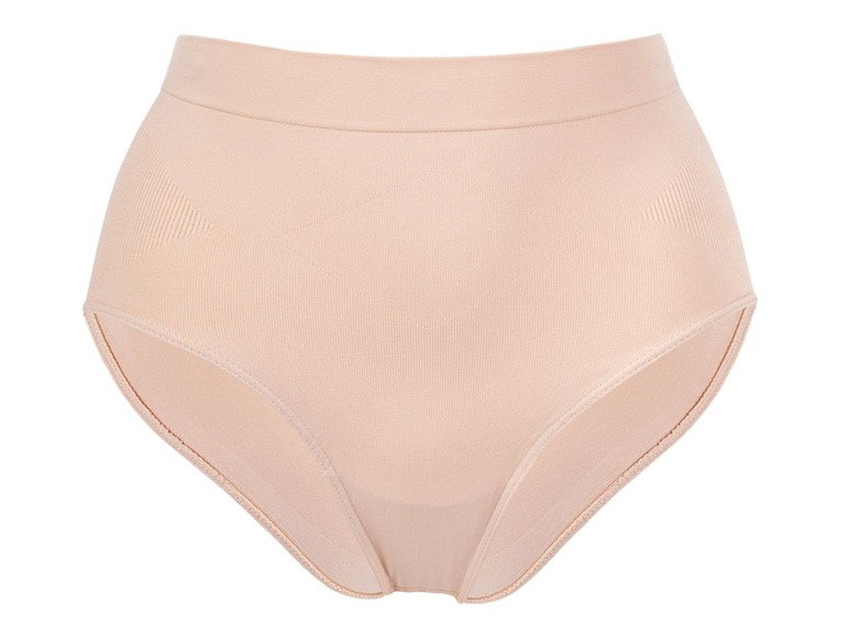 Ein Paar nahtlose, beige Unterhosen.