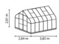 Eine Schwarz-Weiß-Zeichnung eines Gewächshauses mit den Maßen 3,83 Meter Breite, 2,64 Meter Tiefe und 2,61 Meter Höhe.