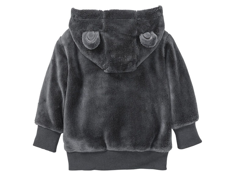 Ein graues Kapuzenoberteil für Babys mit Ohren.