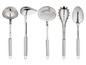 Ein Set Küchenutensilien, darunter ein Suppenlöffel, eine Schaumkelle, eine Pastalöffel und ein Löffel.