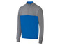 Ein grau-blauer Golfpullover mit langen Ärmeln.