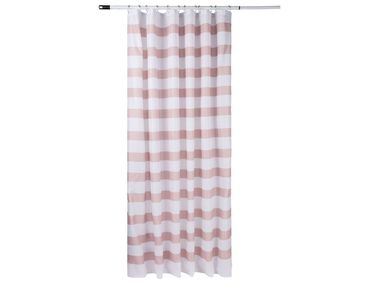 Eine Duschvorhang mit rosa und weißen Streifen.