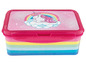 Eine rosa Aufbewahrungsbox mit einem Regenbogen und einem Einhorn