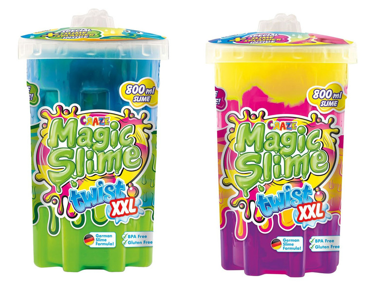 Zwei Töpfe Craze Magic Slime Twist XXL mit blauem und gelbem Schleim.