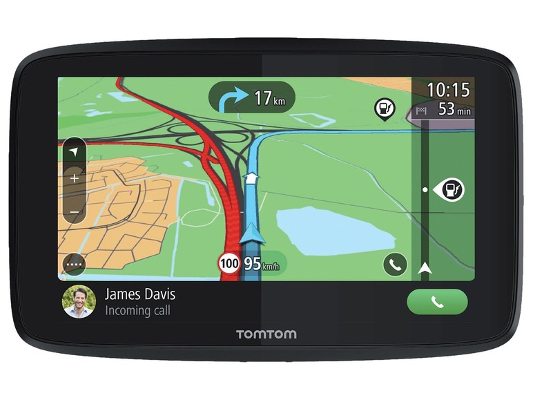Ein TomTom-Navigationssystem mit einer Karte, einem Geschwindigkeitslimit und einem eingehenden Anruf.