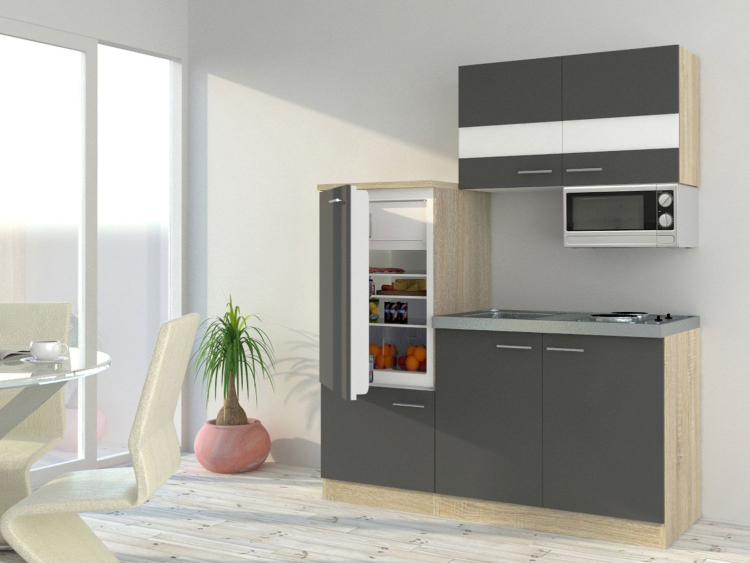 RESPEKTA Singleküche Eiche Sonoma Sägerau 150/160/180cm (mit Mikrowelle, grau mit Kochmulde, Breite 160cm) – Bild 2 von 4