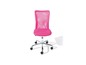 Ein rosa Bürostuhl mit Rollen.