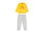 Gelbes Langarmshirt mit Löwenprint und graue Jogginghose für Babys.