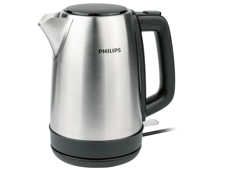 Ein silberner Wasserkocher von Philips mit schwarzem Griff.
