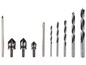 Ein Satz Bohrer, darunter ein Zentrierstempel, konische Bohrer und Spiralbohrer.