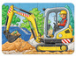 Ein Puzzle mit einem gelben Bagger auf einer Baustelle.