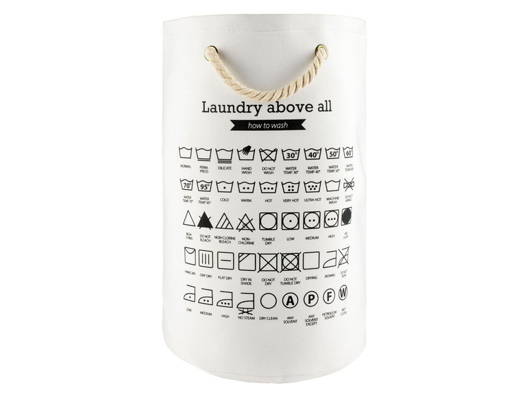 Ein weißer Wäschekorb mit Waschanleitungen