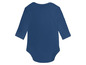 Ein dunkelblauer Baby-Body mit langen Ärmeln.