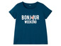 Ein dunkelblaues T-Shirt mit dem Aufdruck 'Bonjour Weekend'.