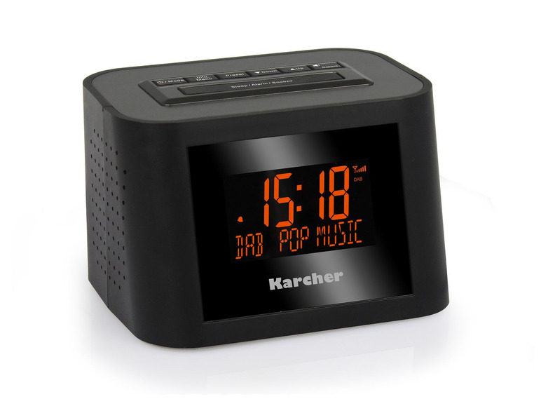 Ein schwarzer Karcher DAB-Radiowecker mit digitalem Display.