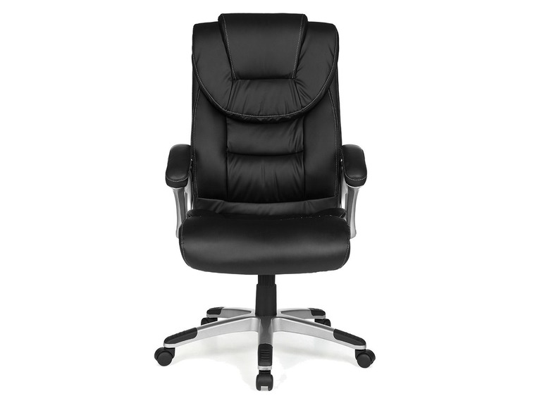 Ein schwarzer Bürostuhl mit Armlehnen und Rollen.