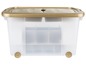 Eine transparente Aufbewahrungsbox mit goldenem Deckel und Rollen.