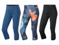 Drei Paar Capri-Leggings der Marke 'Crivit' in verschiedenen Farben und Mustern.