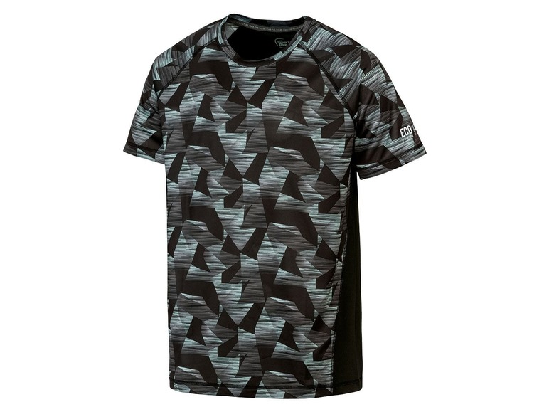 Schwarzes T-Shirt mit geometrischem Muster.