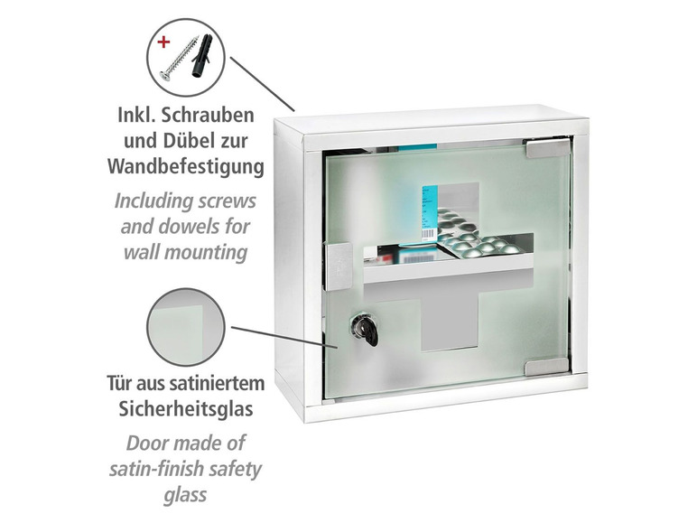 Gehe zu Vollbildansicht: Wenko Medikamentenschrank, mit abschließbarer Glastür, aus Edelstahl - Bild 3