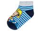 Blaue Socken mit Streifen und einem Bild von Bob der Baumeister.