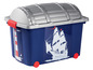 Eine blaue Aufbewahrungsbox mit Rädern und einem Bild von einem Schiff und einem Leuchtturm.