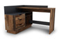 Ein Eck-Schreibtisch mit drei Schubladen und einem offenen Fach.