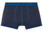 Ein Paar blaue Boxershorts mit blauem Bund.