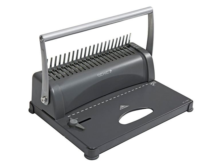 Ein grauer Genie-Locher zum Stanzen von Löchern in Papier.