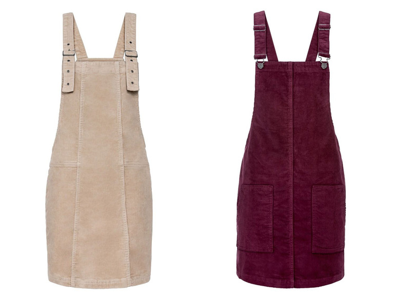 Zwei Cord-Kleider mit Trägern, eines beige und eines dunkelrot.