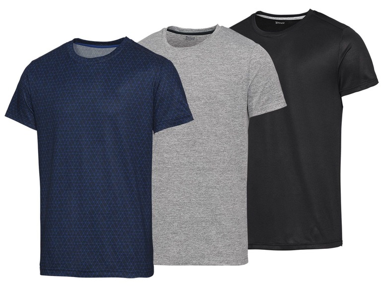 Drei Grivit T-Shirts, eines mit geometrischem Muster, eines grau und eines schwarz.