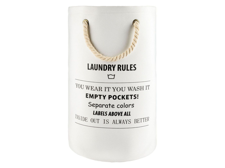 Weißer Wäschekorb mit Kordelgriffen und der Aufschrift 'Laundry Rules'.