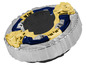 Eine goldene und blaue Beyblade mit einem schwarzen Rad.