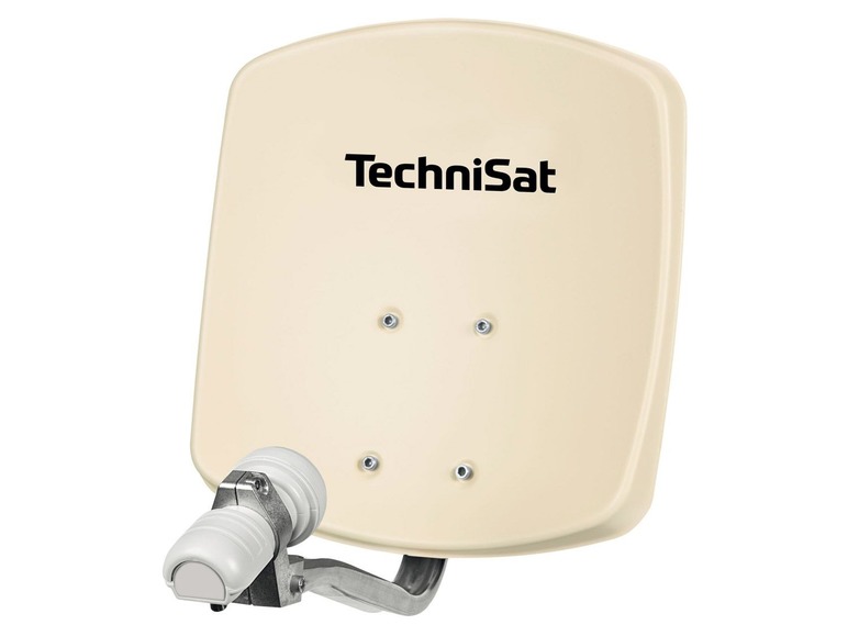 Eine TechniSat Satellitenschüssel mit einem Arm.