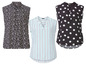 Drei Damenblusen mit Blumen-, Streifen- und Punkteprint.