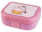 Eine rosa Lunchbox von Ernesto mit einem Bild eines Einhorn, das einen Donut isst.