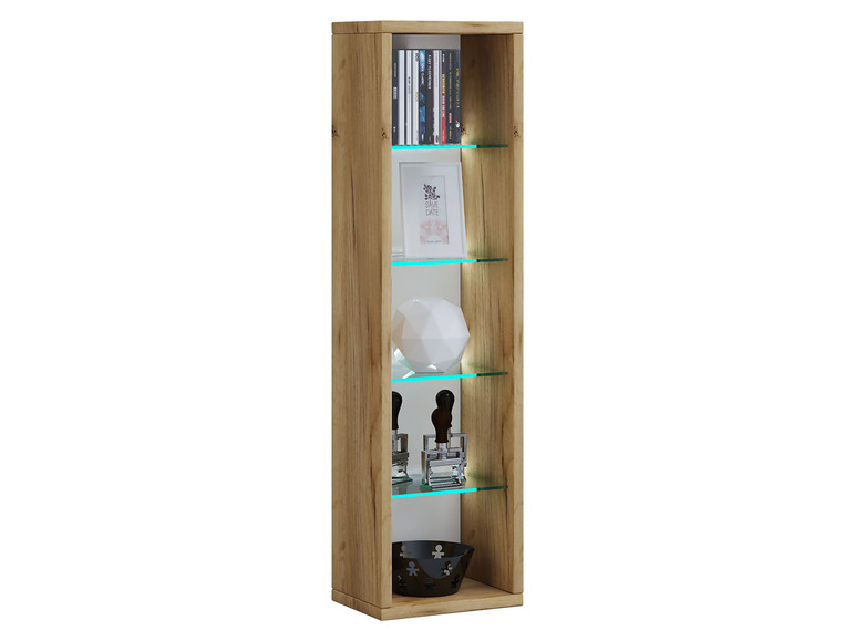 Ein Holzregal mit Glasböden und LED-Beleuchtung.
