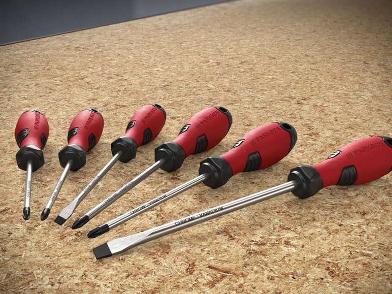 Sechs rote Schraubendreher von Parkside.