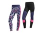 Zwei Leggings: eine mit Blumenmuster und eine schwarze mit farbigen Akzenten.