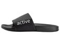 Schwarze Slipper mit dem Schriftzug 'active'.