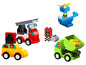 Lego Duplo Fahrzeuge: Feuerwehrauto, LKW, Auto und Hubschrauber.