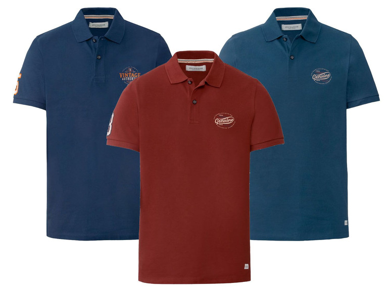 Drei Poloshirts von Stock & Hansen mit Vintage-Designs.