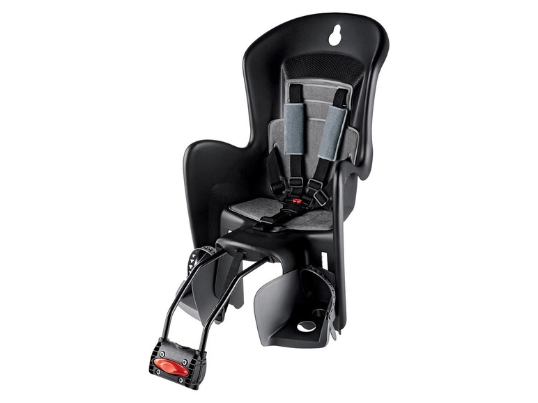 Ein schwarzer Kindersitz für das Fahrrad.