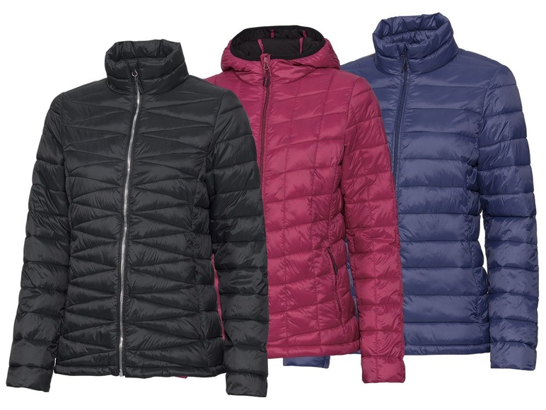 Schwarze, rote und blaue Steppjacken für Damen.