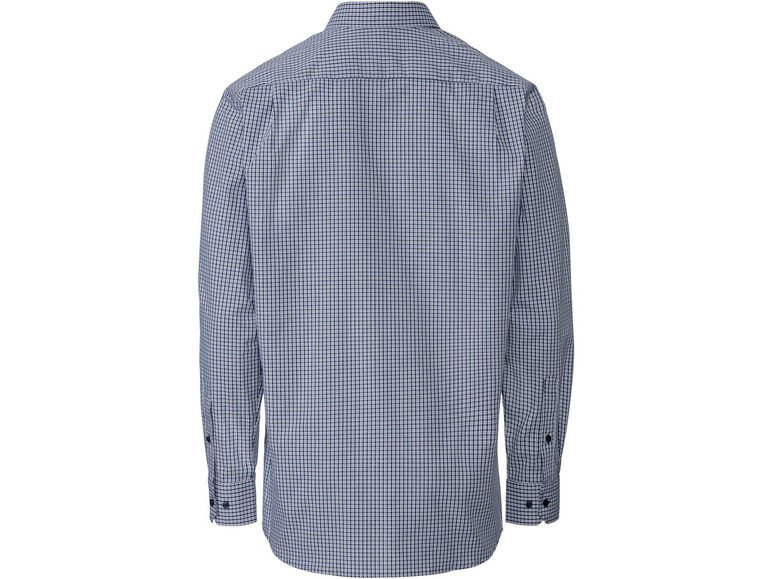 Ein weiß-blaues kariertes Hemd mit langen Ärmeln.