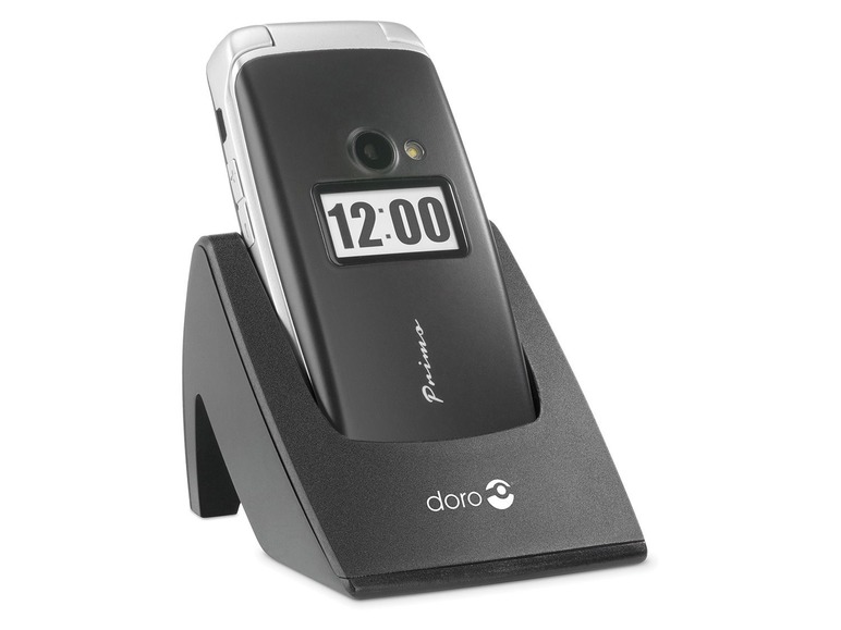 Ein Doro Primo Telefon in einem schwarzen Ladegerät.