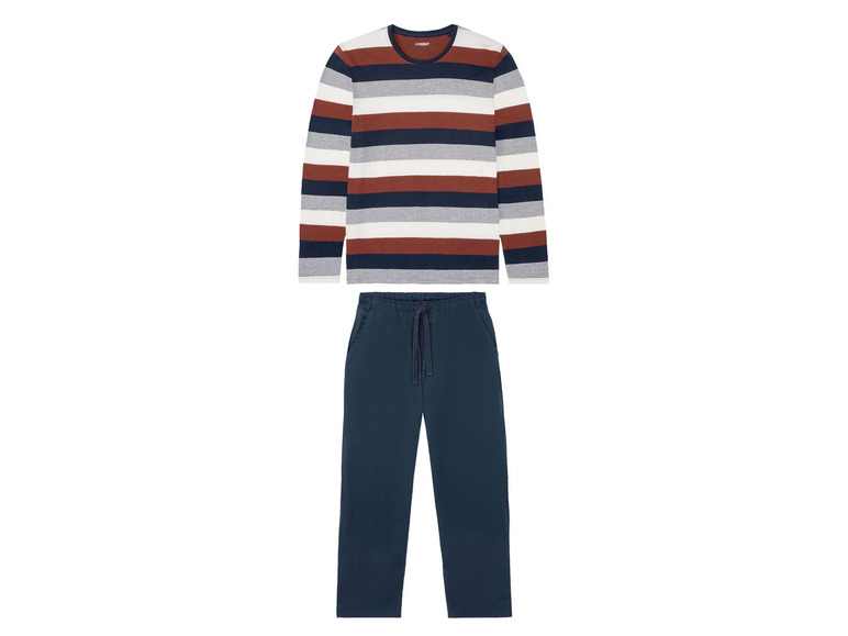 Ein gestreiftes Langarmshirt und eine dunkelblaue Hose.