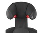 Schwarzer Autositz mit roten Details und Kopfstütze.
