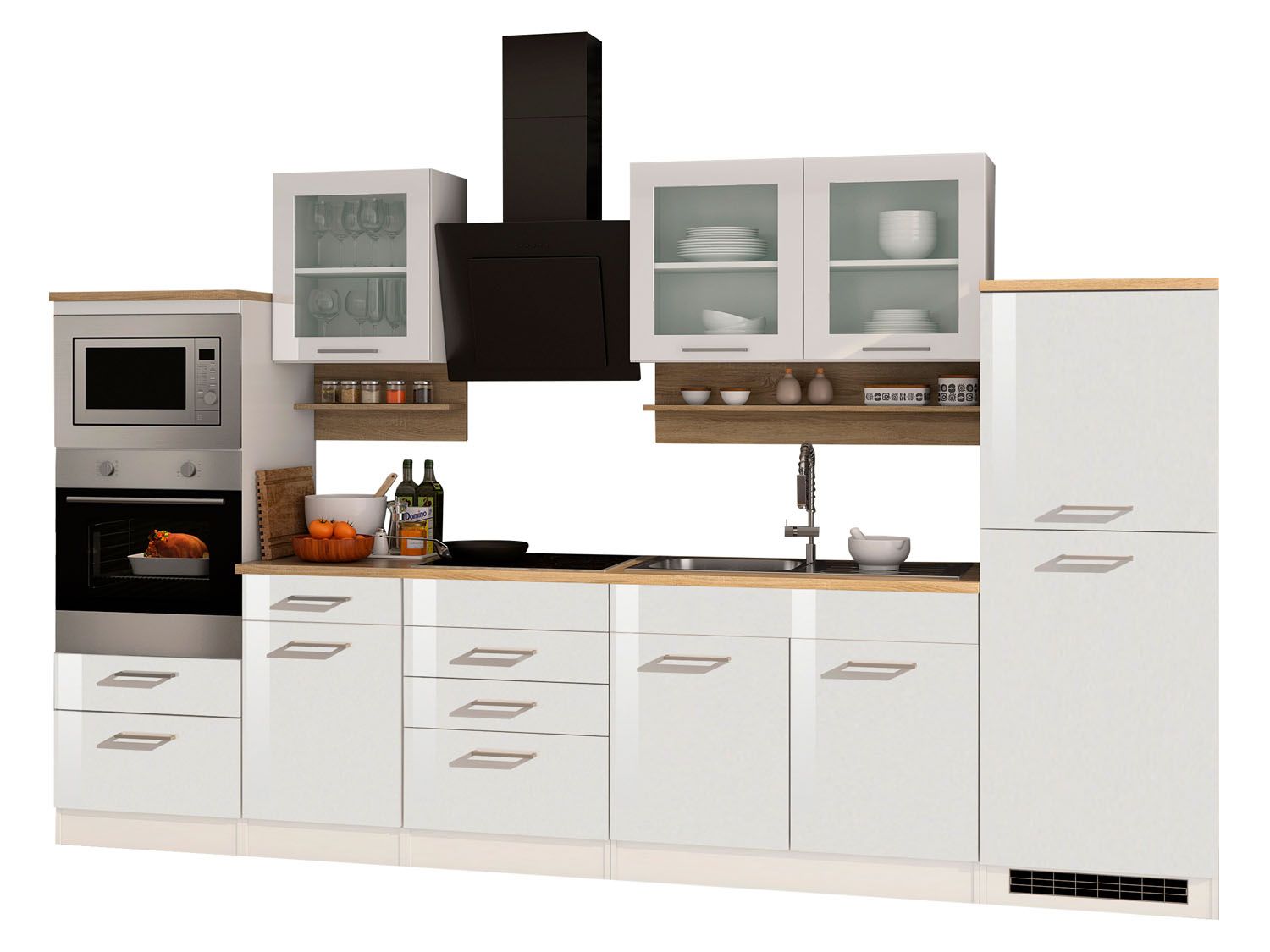 HELD Küchenzeile Mailand 220-390cm (inkl. E-Geräte/mit Mikrowelle, Hochglanz-weiß/eiche sonoma, 330 cm) | 04251639434612